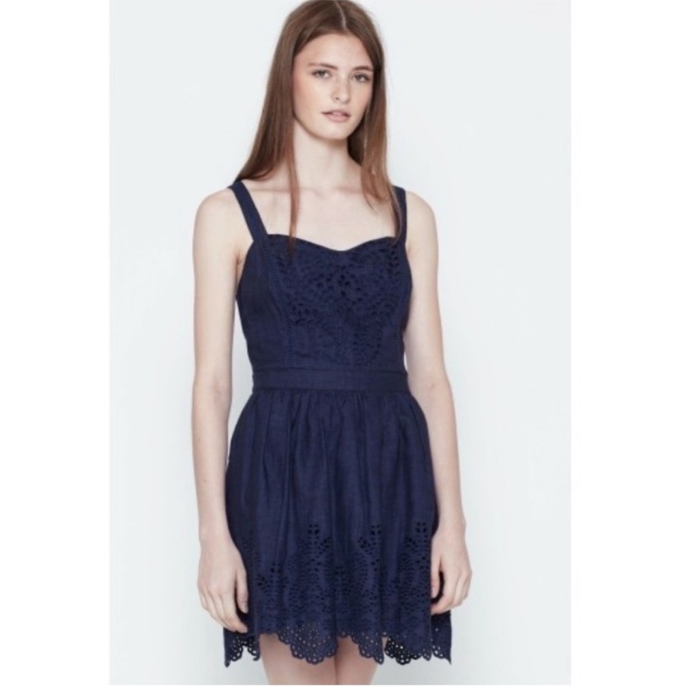 Joie Ornata Linen Eyelet Lace Mini Dress Indigo Navy Blue Dress